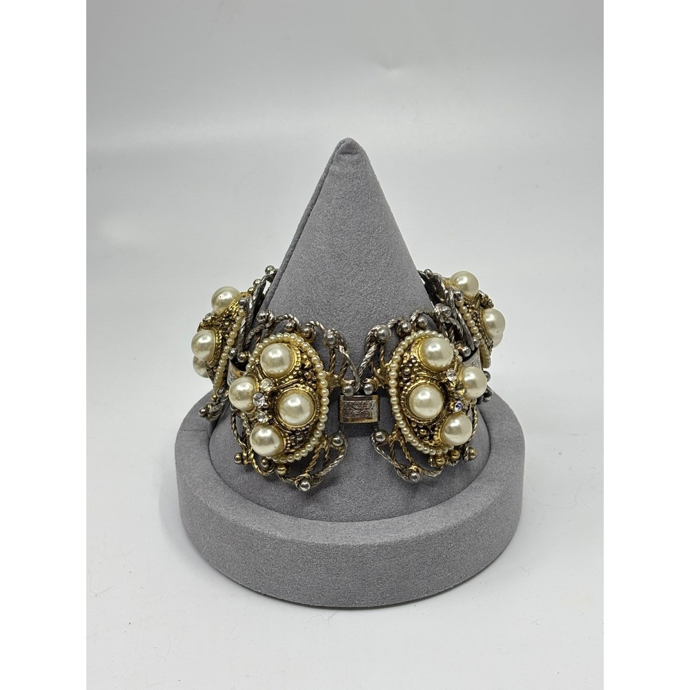 Vintage Faux Pearl Rhinestone Ornate Mixed Metal Gold Silver Panel Bracelet